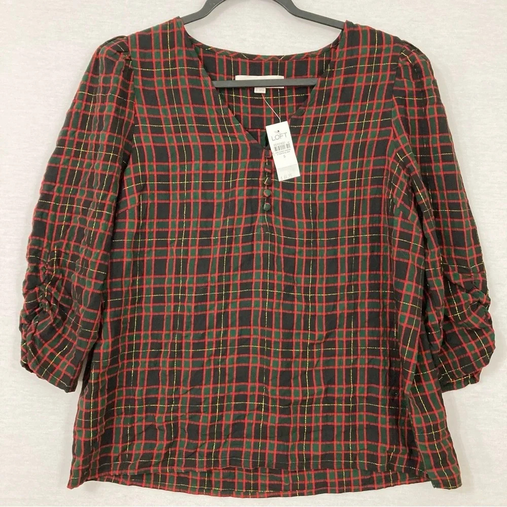 New LOFT V Neck Button Ruched Sleeve Plaid Soft Rayon Pullover Blouse Small